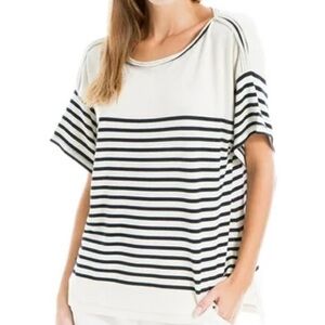 Max Studio London Black/Cream Striped Boxy Fit Shortsleeved Scoop Neck Top NWT S